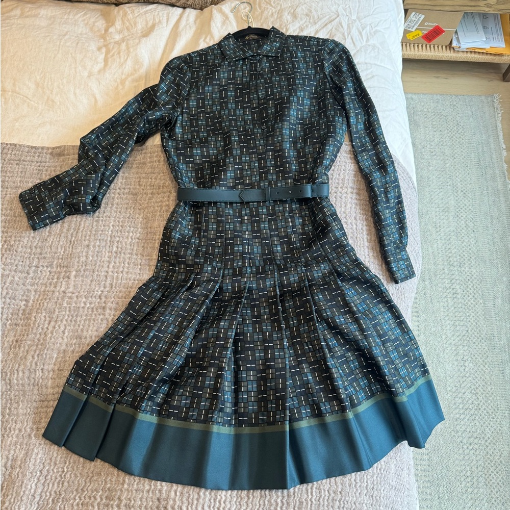 Loro Piana Dark Green Patterned Long-Sleeve Dress with Teal Border